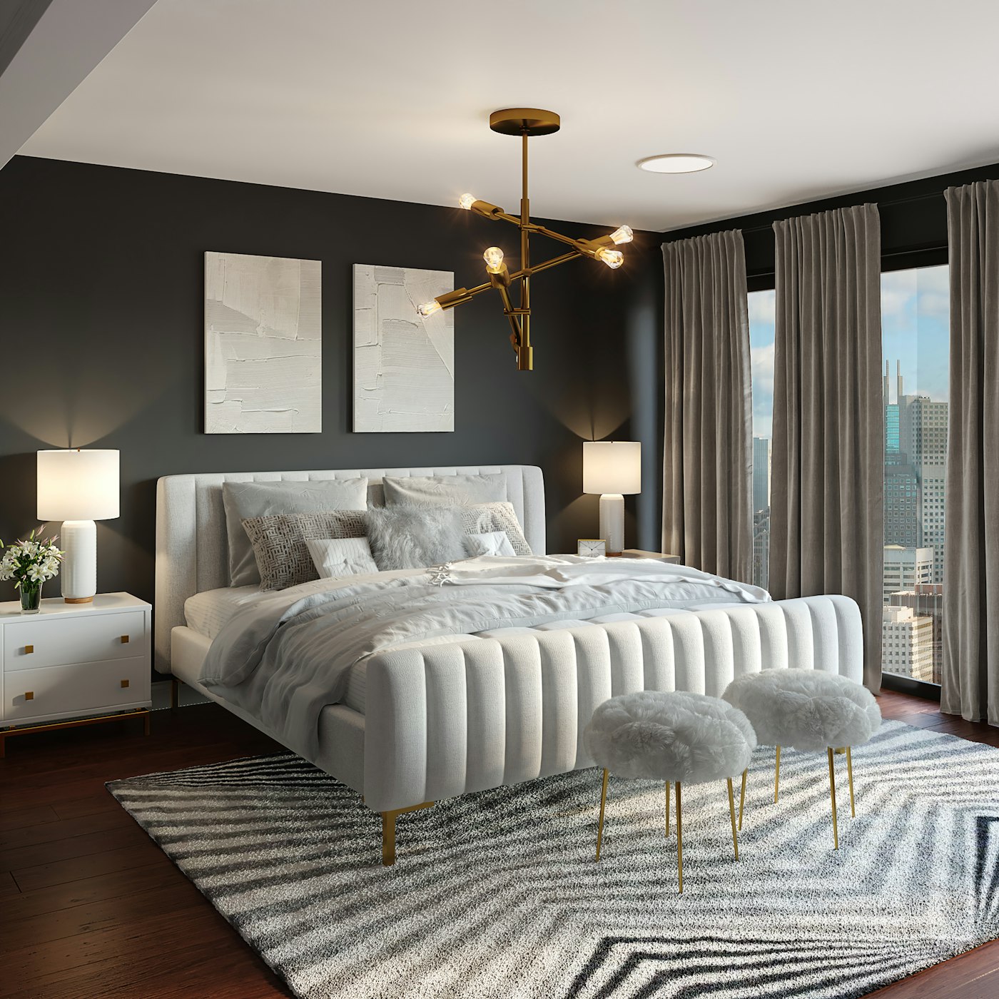 Dormitorio principal sereno con textiles naturales y luz suave